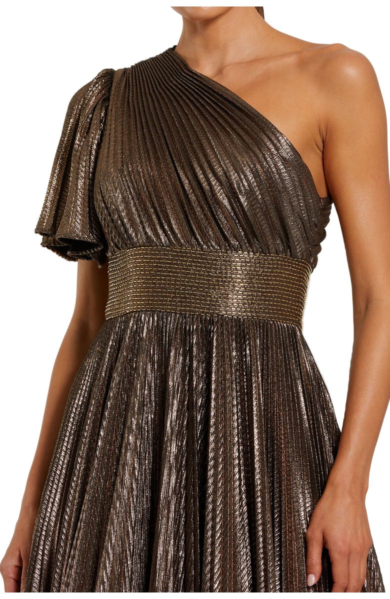 Mac Duggal One Shoulder Pleated Metallic Ballgown, Alternate, color, Bronze