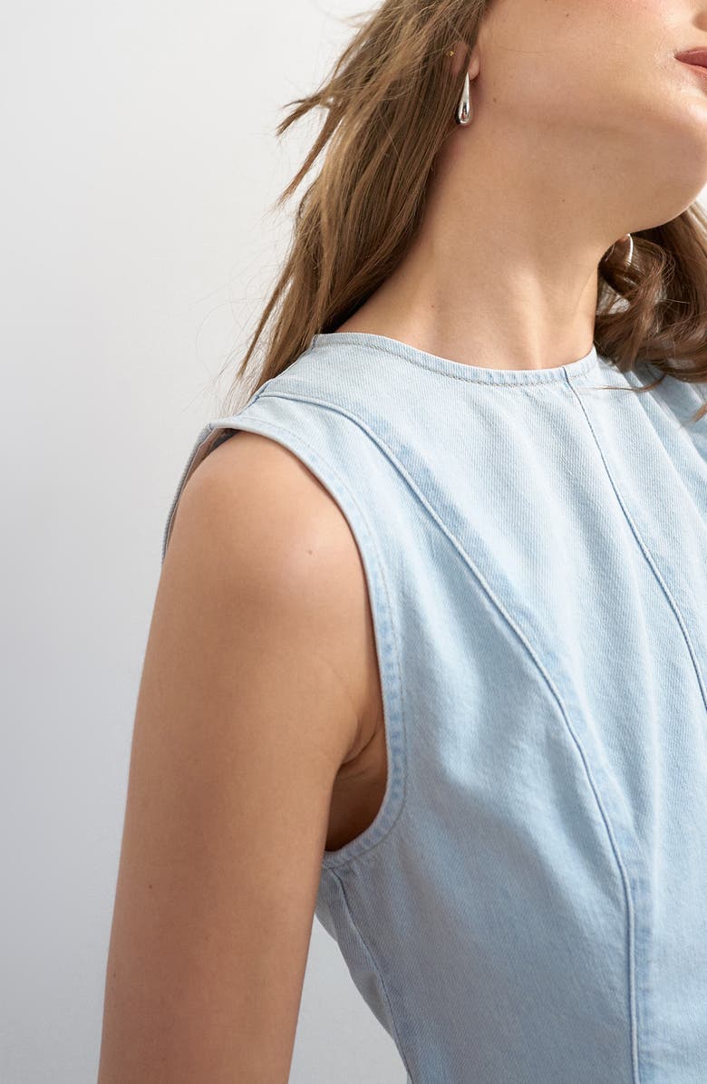Topshop Seamed Denim Peplum Top, Alternate, color, Light Blue