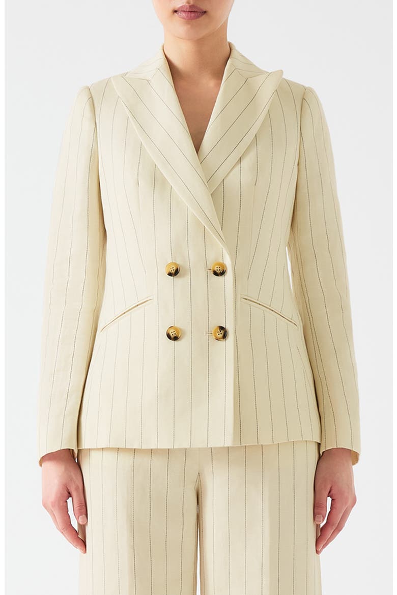 Amore Pinstripe Linen Blend Double Breasted Blazer, Main, color, CREAM