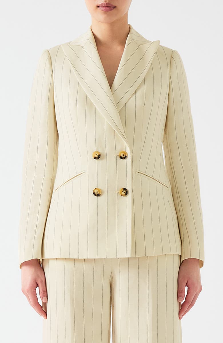 LK Bennett Amore Pinstripe Linen Blend Double Breasted Blazer, Main, color, Cream