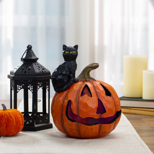 Northlight 10" Led Lighted Jack-o-lantern And Black Cat Tabletop Halloween Figure In Orange