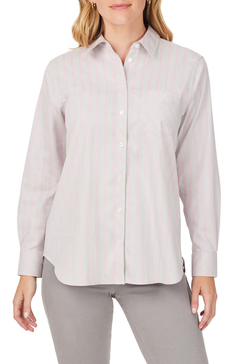 Foxcroft Stripe Boyfriend Button-Up Shirt, Main, color, Heather Grey Co