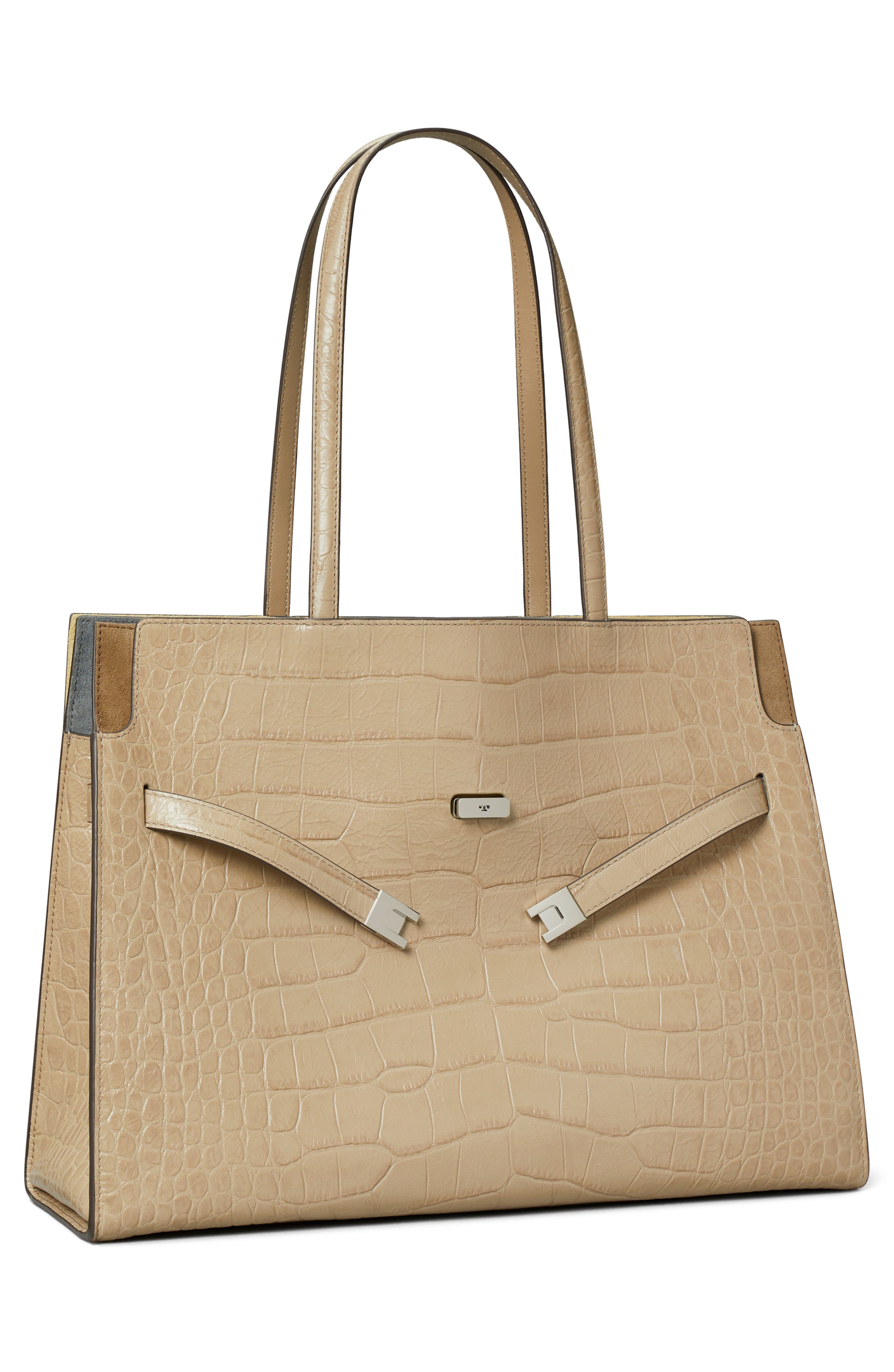 Tory Burch Lee Radziwill Croc Embossed Leather Tote, Alternate, color, Ginger Leaf
