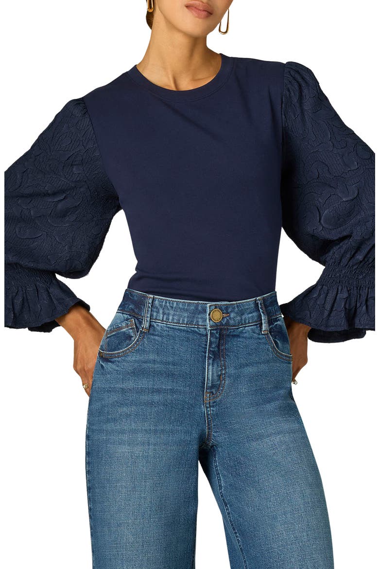 Mixed Media Smocked Sleeve Top, Main, color, MONACO BLUE