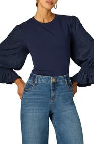 Wit & Wisdom Mixed Media Smocked Sleeve Top