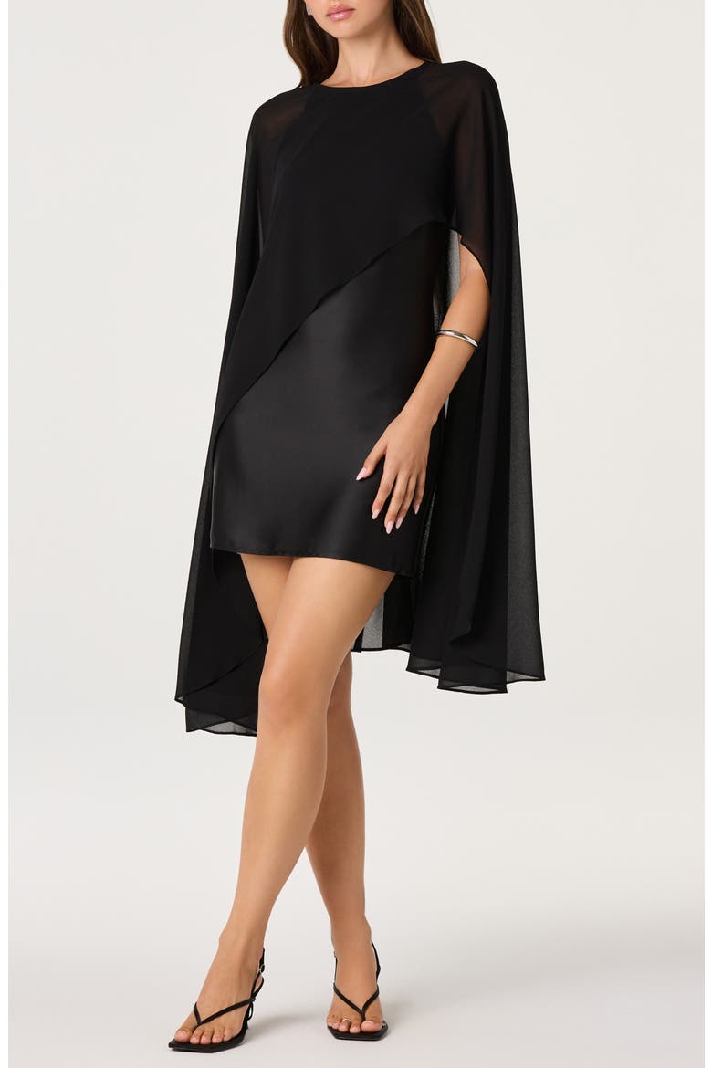 Ginevra Capelet Stretch Satin Minidress, Alternate, color, BLACK