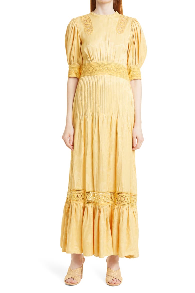 Puff Sleeve Lace Trim Jacquard Maxi Dress, Main, color, YELLOW