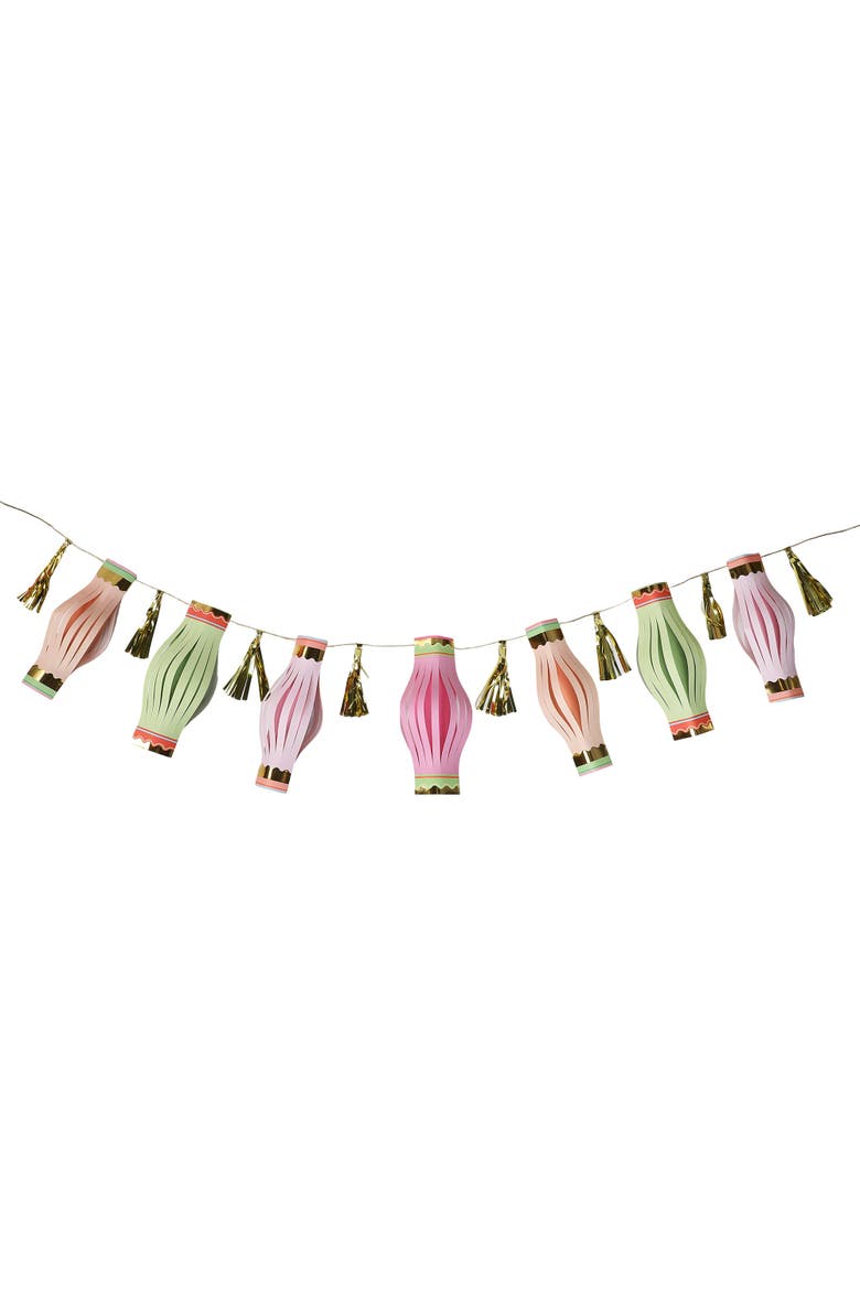 Cabana Club Paper Lantern Garland - 7 Pastel Lanterns with Gold Foil Details, 8 Gold Tassels, and 100-Inch Gold Ribbon, Main, color, Multicolor