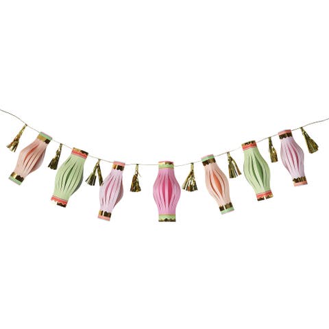 Cabana Club Paper Lantern Garland - 7 Pastel Lanterns with Gold Foil Details, 8 Gold Tassels, and 100-Inch Gold Ribbon