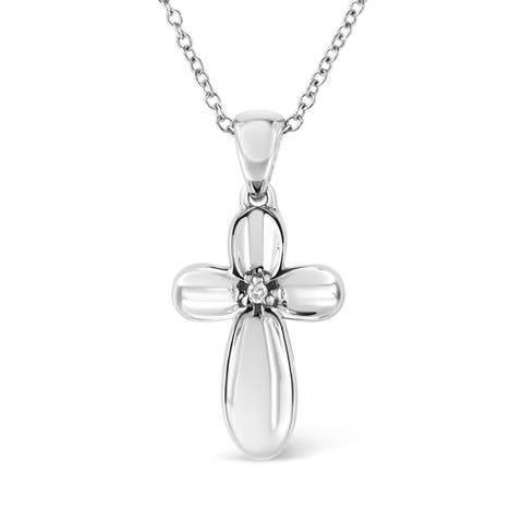 .925 Sterling Silver Prong-Set Diamond Accent Floral Cross Pendant Necklace