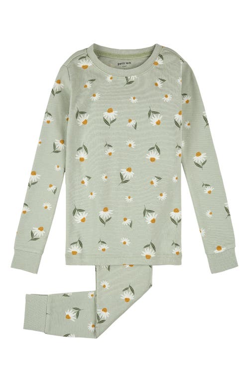 Petit Lem Kids' Floral Print Glow in the Dark Fitted Two-Piece Organic Cotton Rib Pajamas in Light Green 