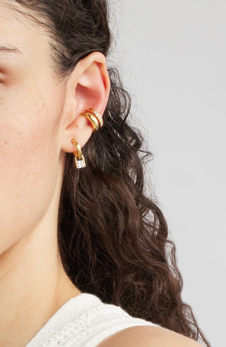 Nordstrom Set of 3 Cubic Zirconia Ear Cuffs, Stud & Drop Huggie Hoop Earrings, Alternate, color, Clear- Gold
