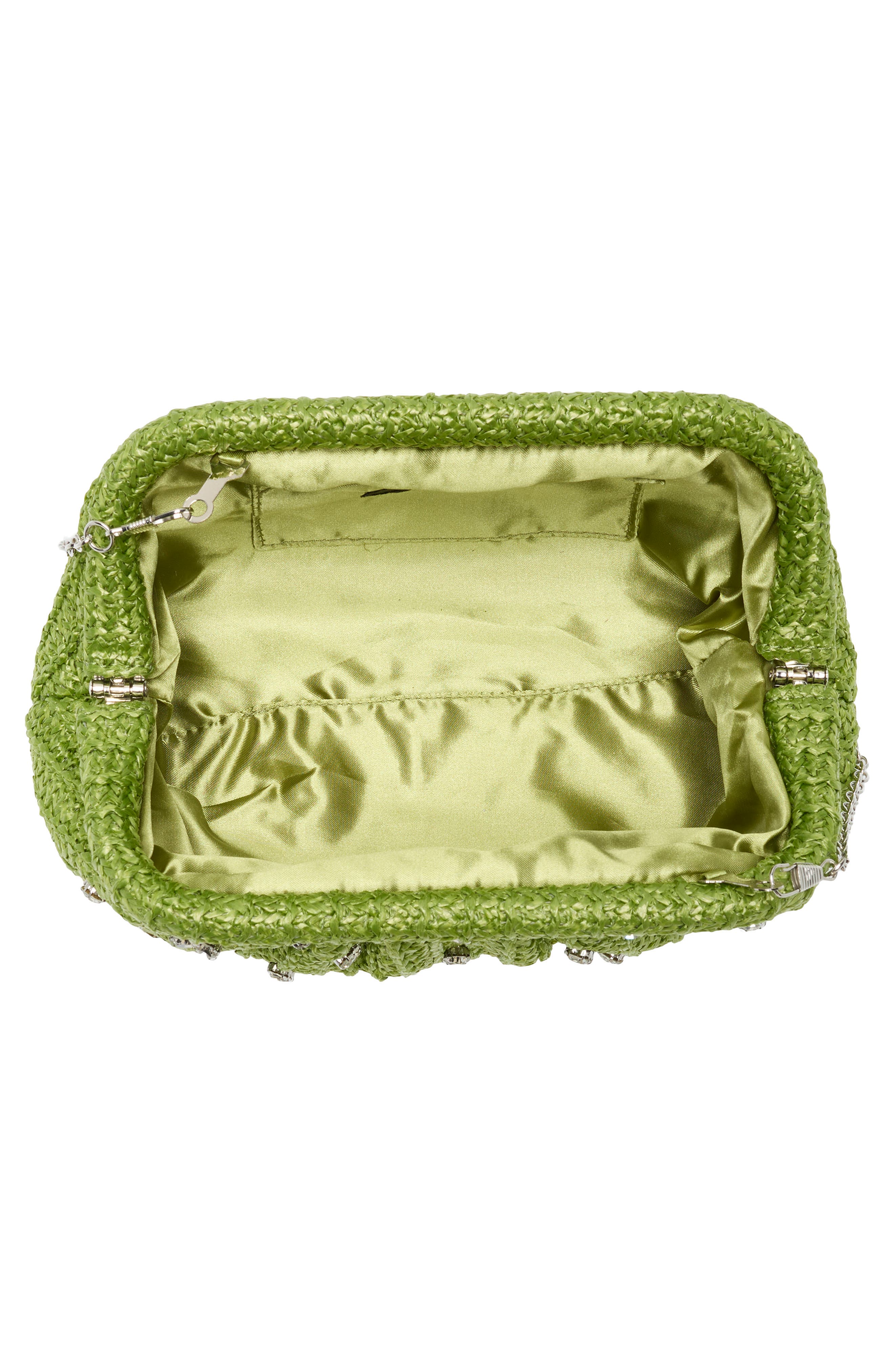 Jessica McClintock Violetta Rhinestone Studded Straw Frame Clutch, Alternate, color, Green
