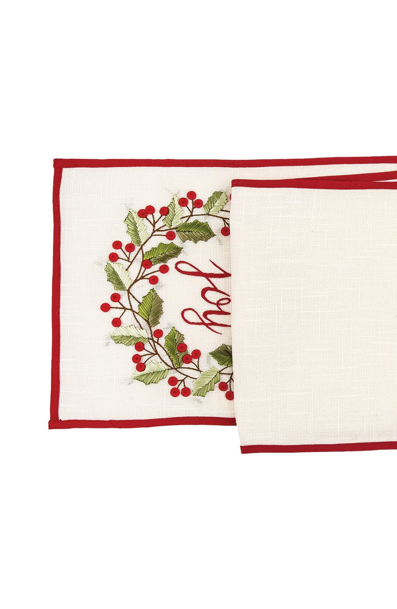 C&F Home "Joy" Holly Berries Wreath Vintage Embroidered Christmas Table Runner 14" x 72", Alternate, color, Beige