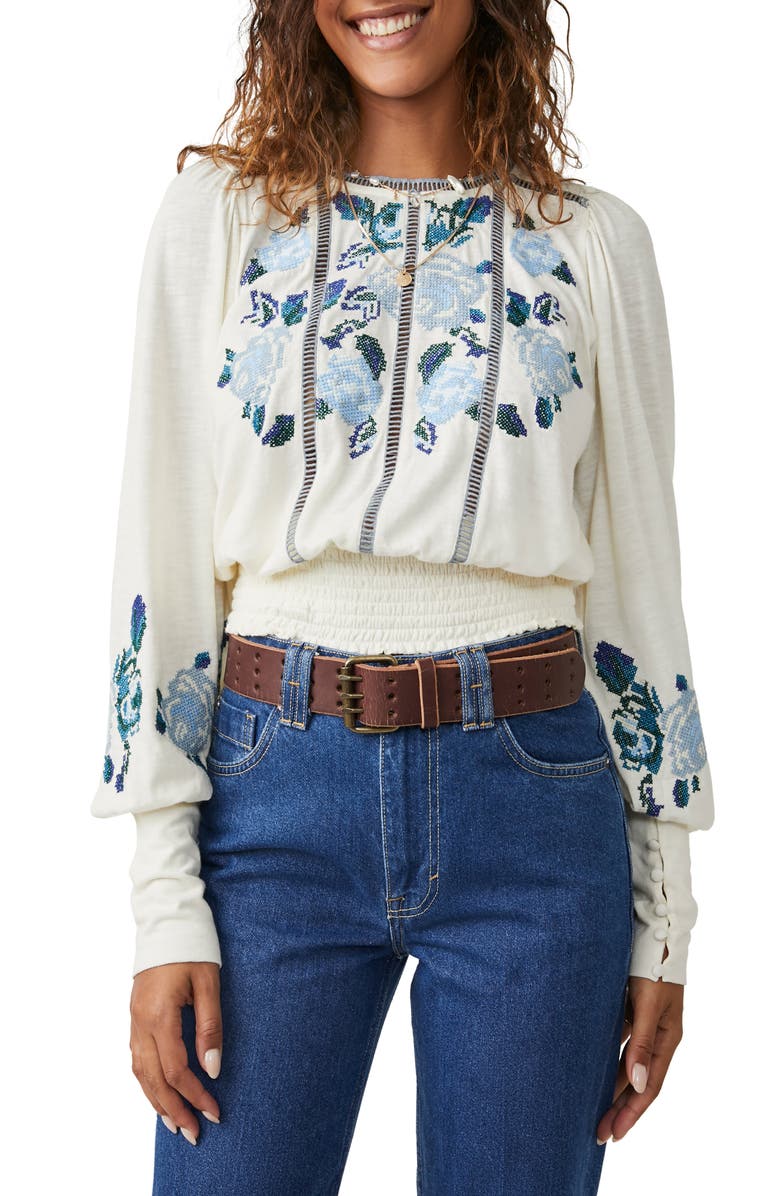 Free People Felicity Embroidered Smocked Waist Peasant Blouse, Main, color, 