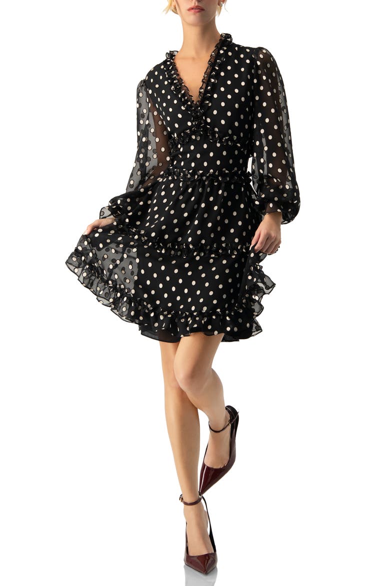 Polka Dot Ruffled Short Dress, Alternate, color, Black