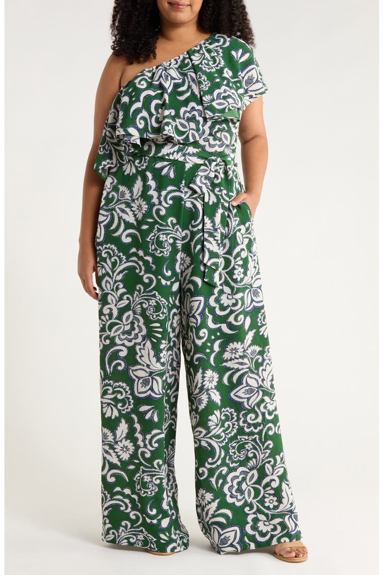 Harriet Floral Kaley One-Shoulder Wide Leg Jumpsuit, Main, color, CREAM-GREEN