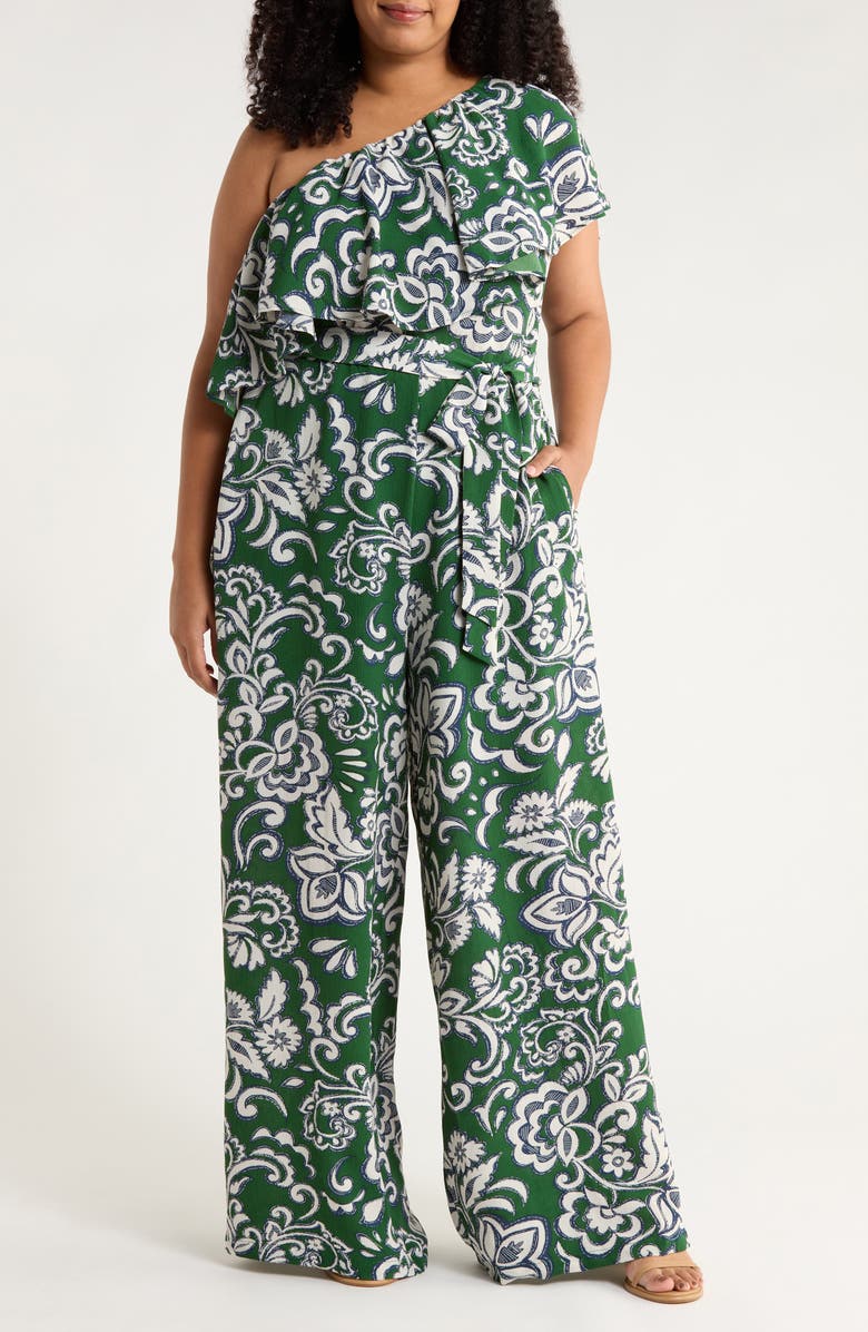 SUGARLIPS Harriet Floral Kaley One-Shoulder Wide Leg Jumpsuit, Main, color, Cream-Green