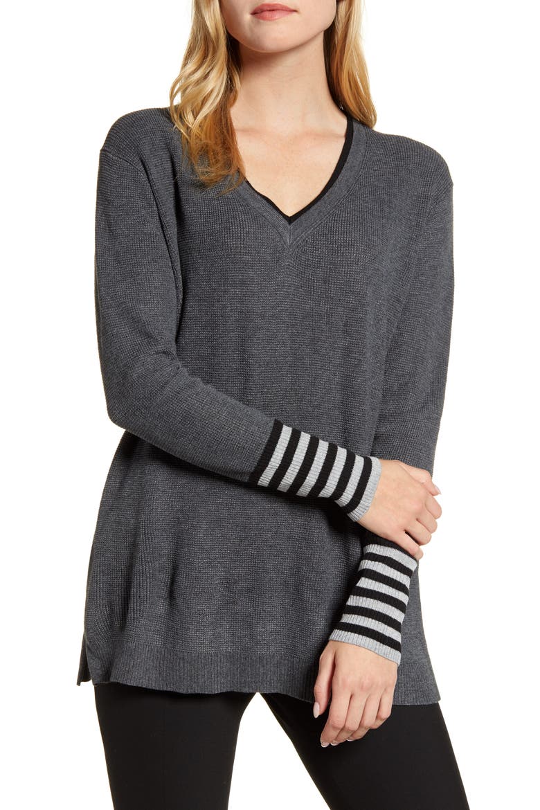 V-Neck Stripe Cuff Sweater, Main, color, MEDIUM HEATHER GREY