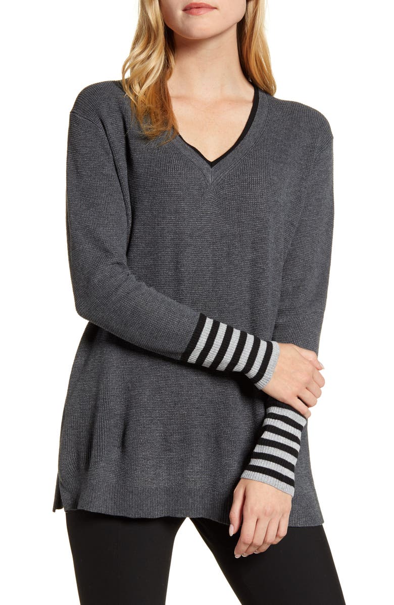 Vince Camuto V-Neck Stripe Cuff Sweater, Main, color, 