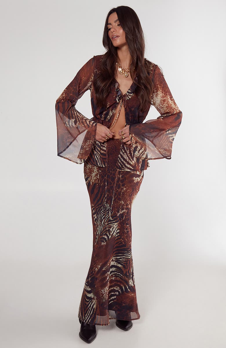 NASTY GAL Mixed Animal Print Crinkled Chiffon Maxi Skirt, Alternate, color, Tan