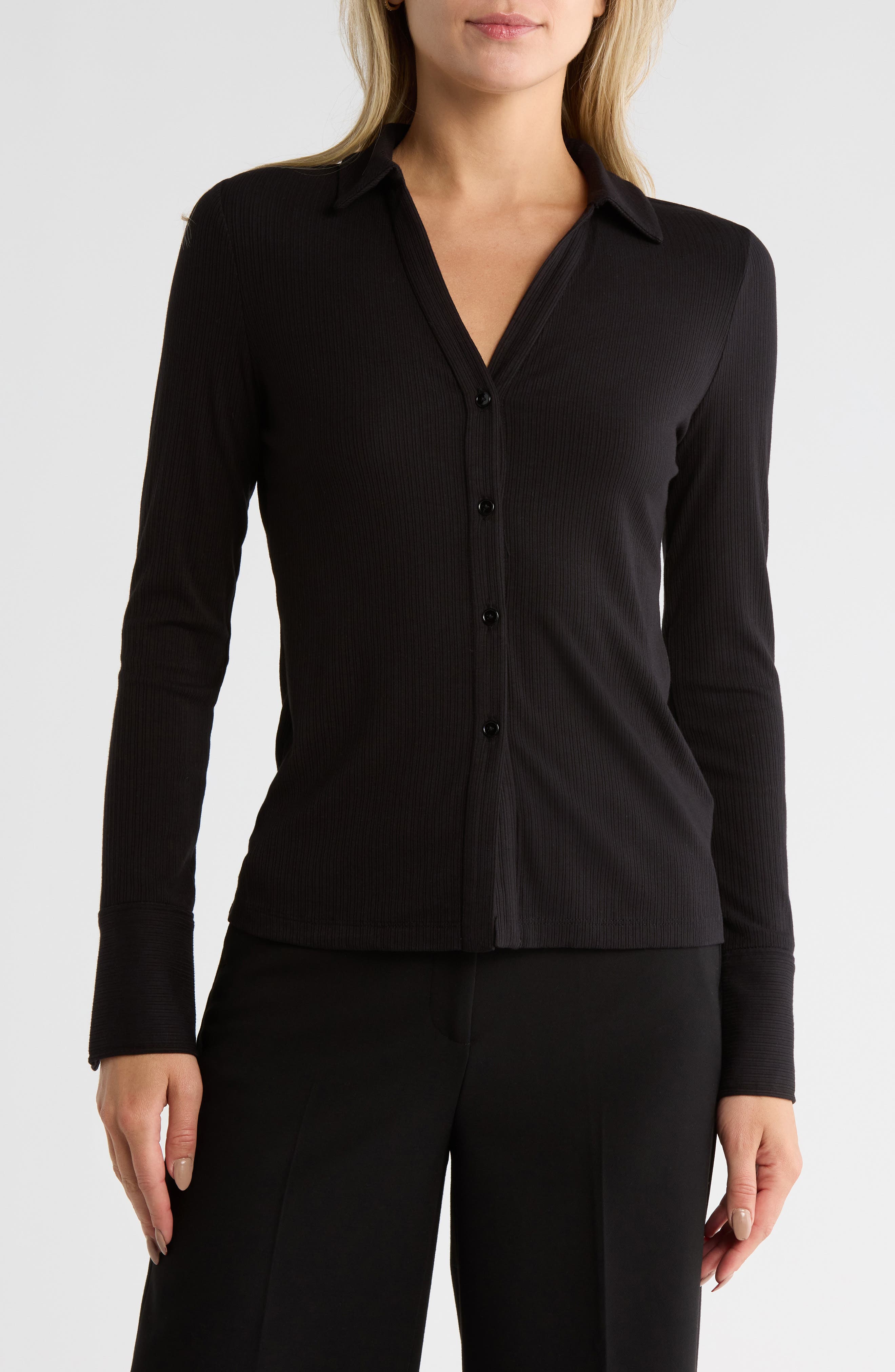 JASON WU Long Sleeve Split Neck Ribbed Top