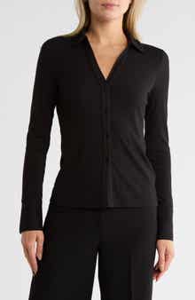 JASON WU Long Sleeve Split Neck Ribbed Top
