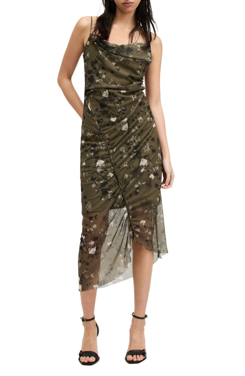 AllSaints Ulla Kora Floral Mesh Slipdress, Main, color, Khaki Green