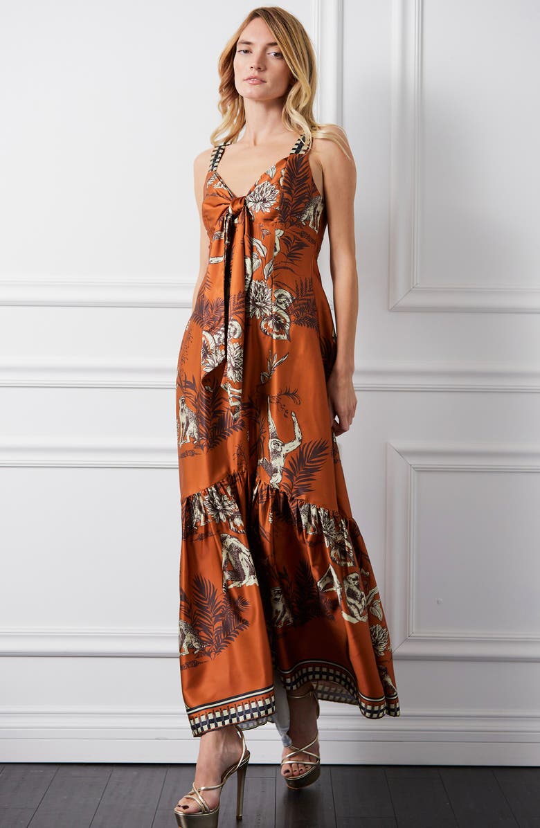 CIEBON Kira Print Front Tie Satin Maxi Dress, Alternate, color,