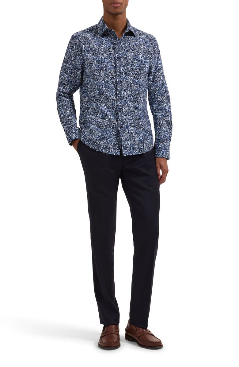 Bugatchi Julian Shaped Fit Abstract Paisley Print Cotton Button-Up Shirt, Alternate, color, Navy