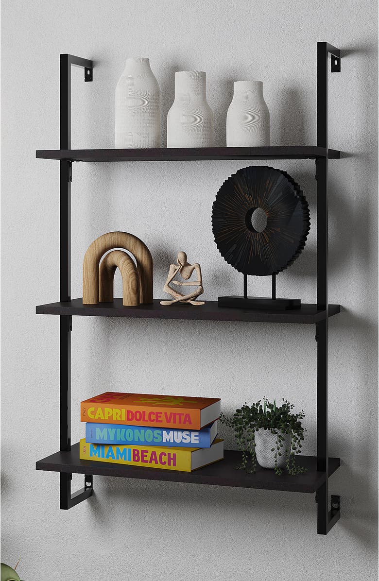 HAPPIMESS Madera Classic Industrial Shelf Wood Wall-Mounted Open Ladder Bookcase with Metal Frame, Alternate, color, Black