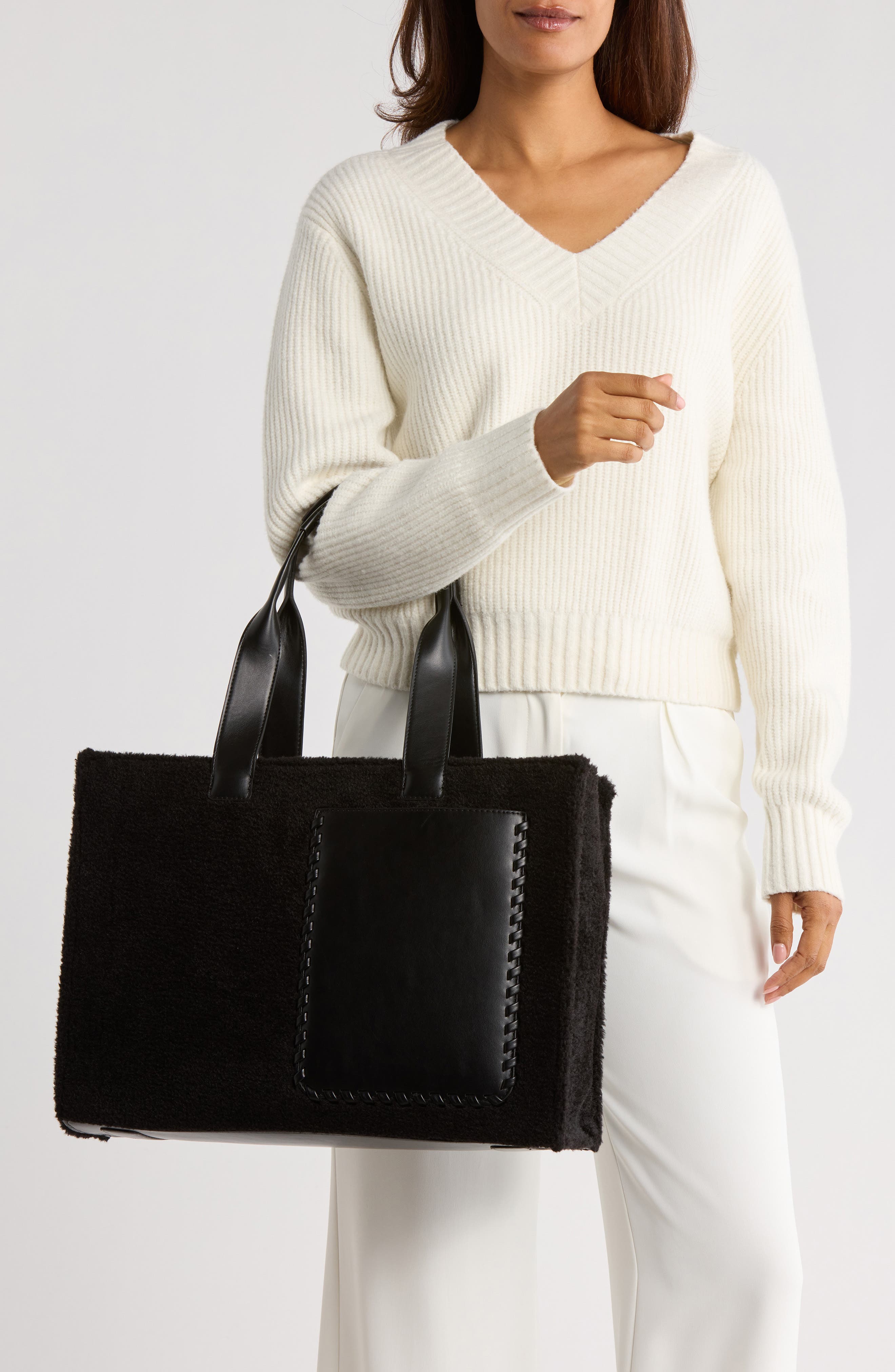 BCBG Whipstitch Faux Shearling Tote Bag with Pouch, Alternate, color, Black