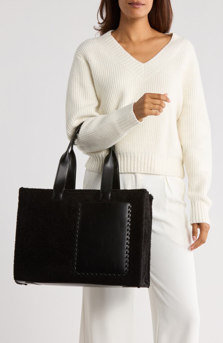 BCBG Whipstitch Faux Shearling Tote Bag with Pouch, Alternate, color, Black