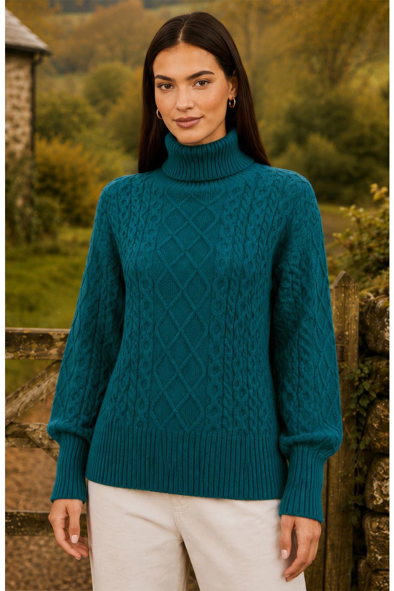 Cable Knit Roll Neck Jumper, Alternate, color, Teal