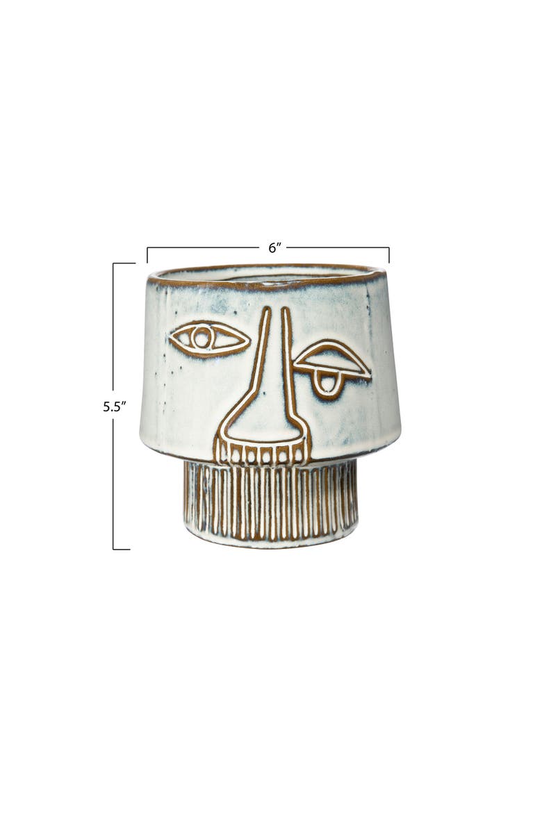 Stoneware Vase with Abstract Face Design, Alternate, color, White