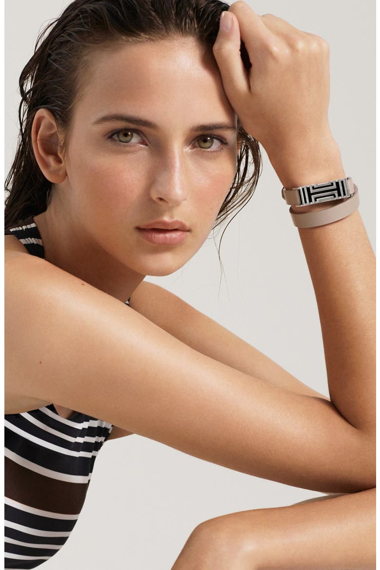 for Fitbit® Leather Wrap Bracelet, Main, color, BLACK/ SHINY GOLD DNU