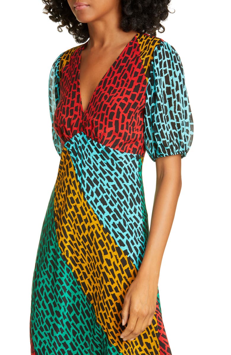 RIXO Amber Colorblock Giraffe Print Silk Blend Dress, Alternate, color, 
