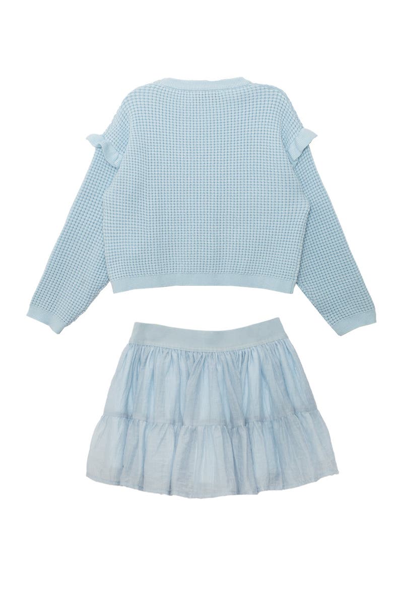 Isobella & Chloe Isobella and Chloe Tutu in the Clouds Two-Piece Set, Light Blue Little Girl Waffle-Knit Top and Tiered Semi-Sheer Skirt., Alternate, color, Blue