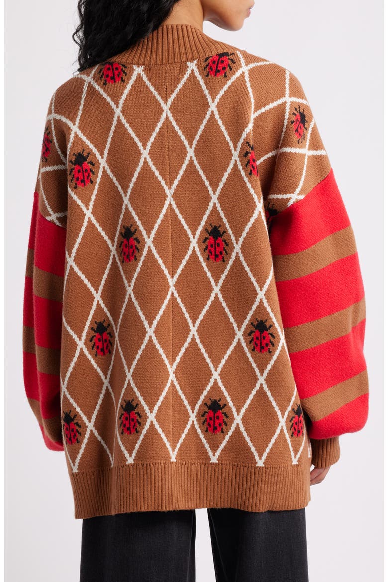 Ladybug Letterman Cardigan, Alternate, color, BROWN/RED