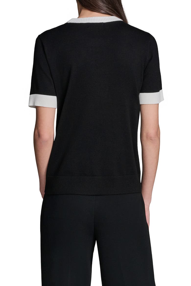 Beaded Rose & Faux Pearl Detail Short Sleeve Sweater, Alternate, color, BLACK/ SOFT WHITE
