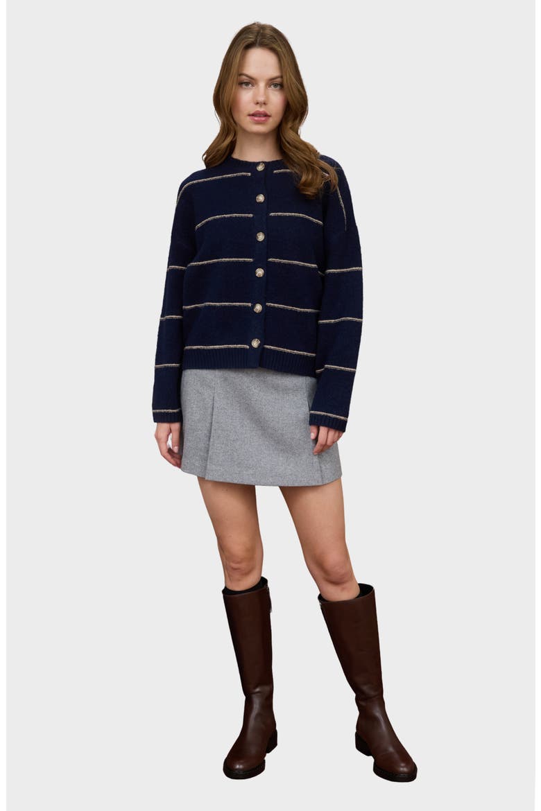 Stripe Crewneck Cardigan, Alternate, color, NAVY