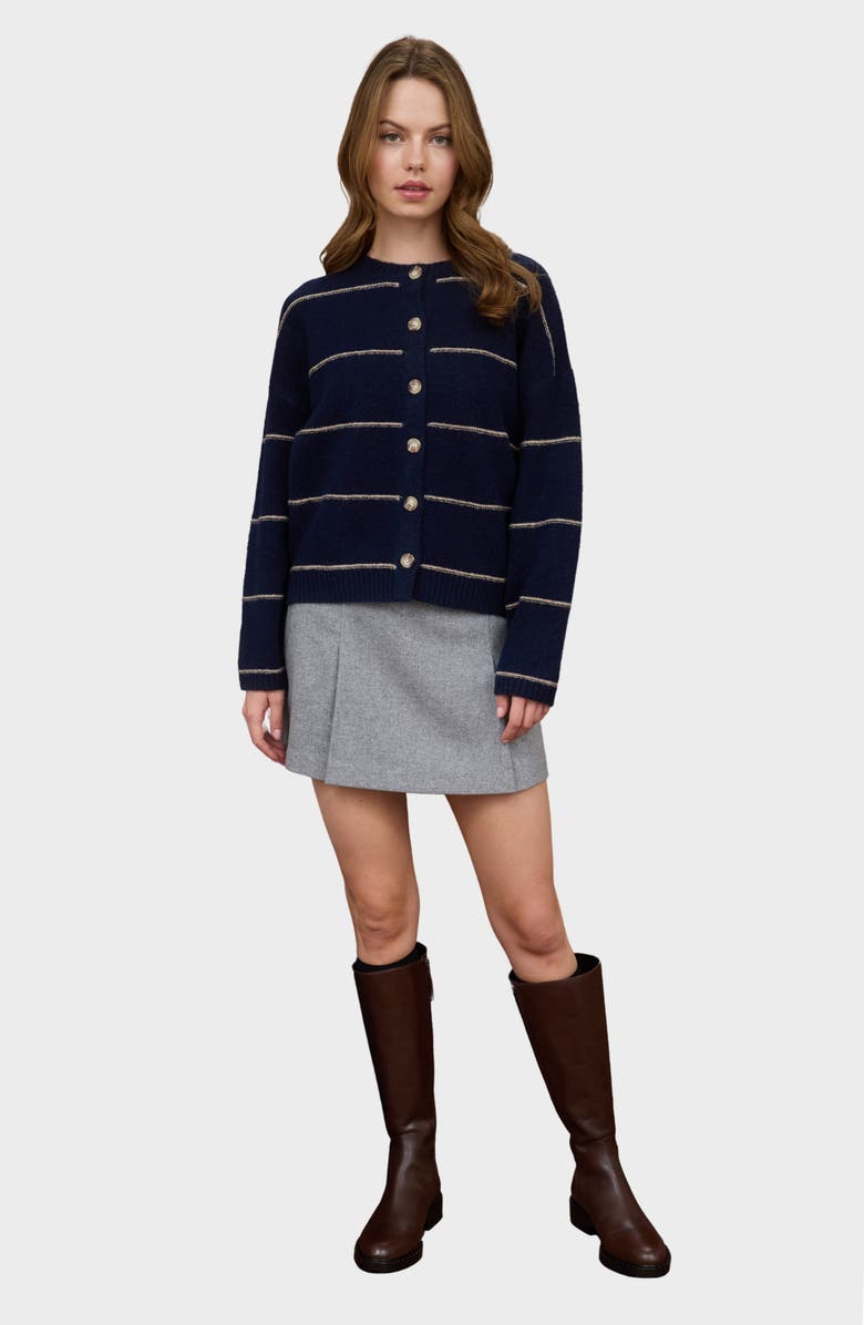 Blu Pepper Stripe Crewneck Cardigan, Alternate, color, Navy