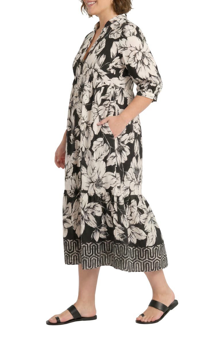 Floral Tiered A-Line Midi Dress, Alternate, color, BLACK/ IVORY