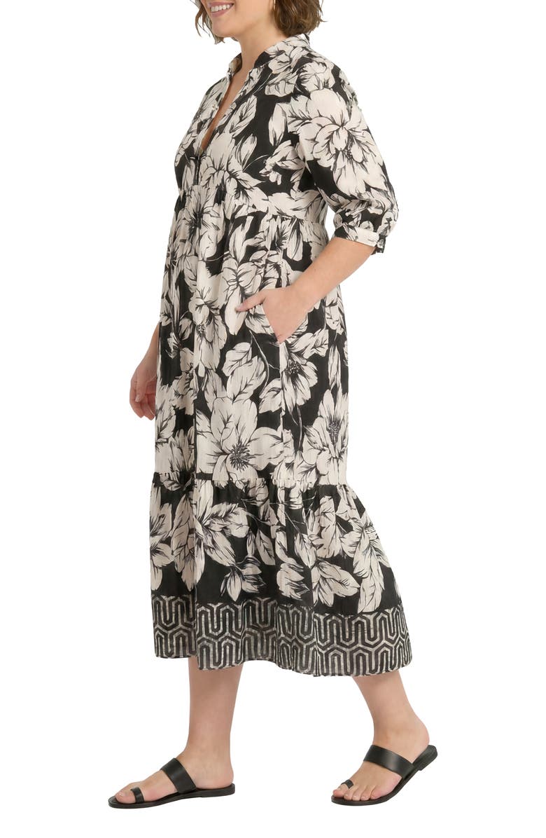 London Times Floral Tiered A-Line Midi Dress, Alternate, color, Black/ Ivory