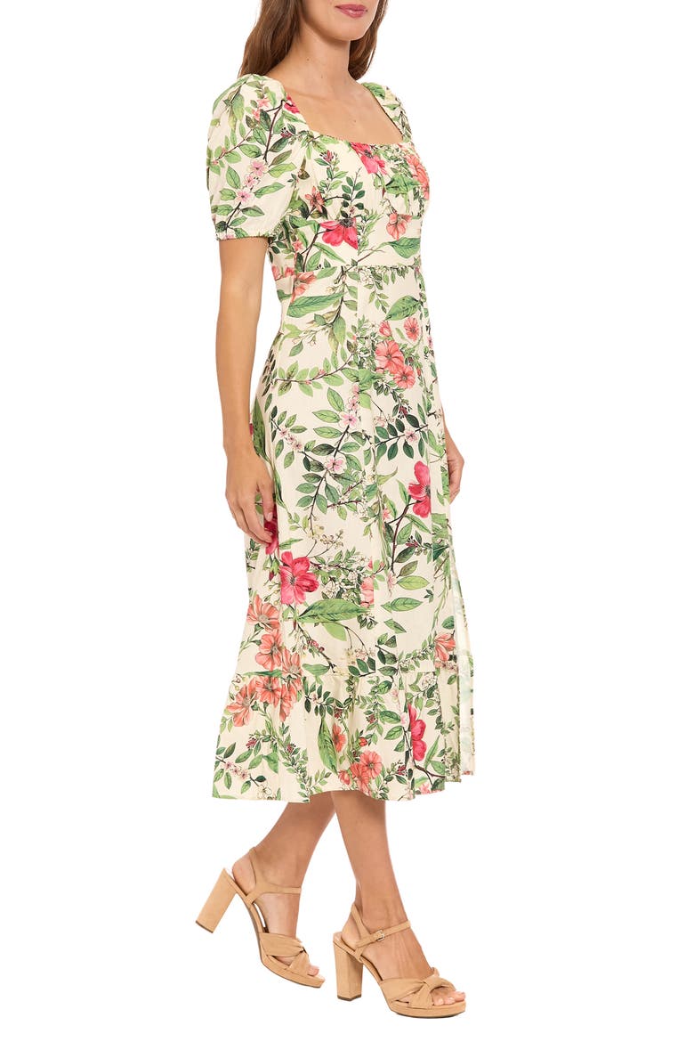 Floral Puff Sleeve Empire Waist Midi Dress, Alternate, color, CREAM/ PINK FLAMBE