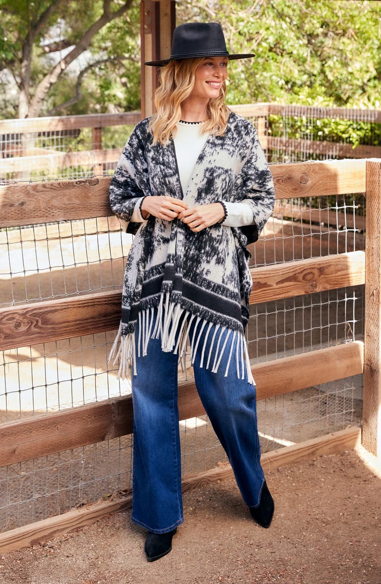 Karen Kane Fringe Poncho, Alternate, color, Ecru W/ Black