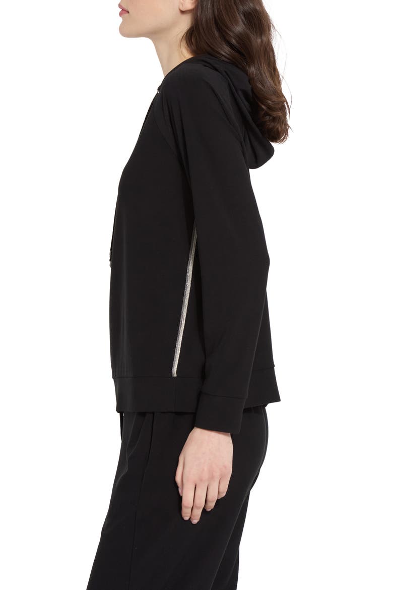 Julia Beaded Trim Stretch Crepe Hoodie, Alternate, color, BLACK