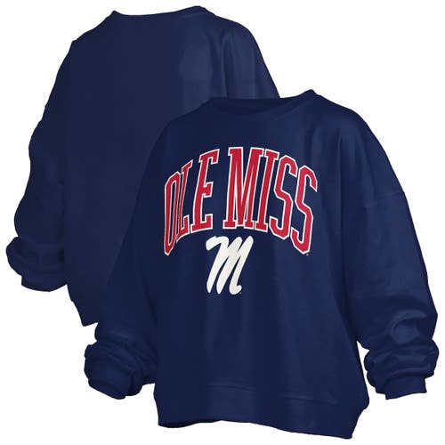 Pressbox Navy Ole Miss Rebels Janise Arch Over Logo Waist Length Oversized Pullover Sweatshirt In Blue