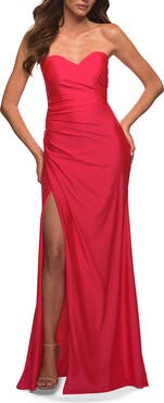 La Femme Neon Strapless Sweetheart Jersey Evening Dress