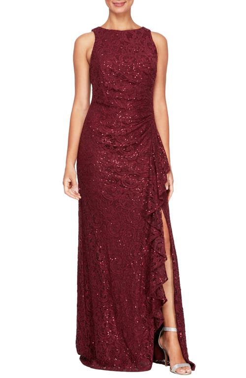 Alex Evenings Sequin Ruched Ruffle A-Line Gown in Wine 